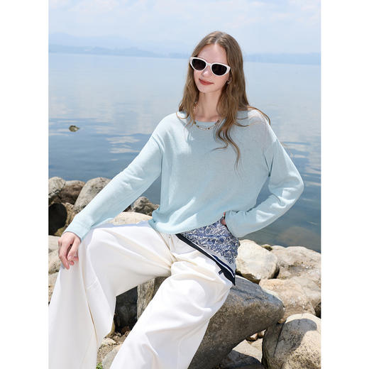 三彩2025秋季新款圆领针织衫设计感镂空宽松套头上衣气质显瘦M 商品图3