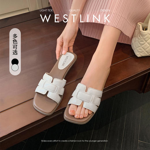 西遇法式凉拖鞋女新款夏季高级感平底凉鞋方头低跟外穿一字拖K1156793 商品图0