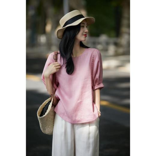 【100色织亚麻桃之夭夭】粉色灯笼袖蕾丝镂空小衫，精致古典的粉色系融入质朴自然麻料 商品图1