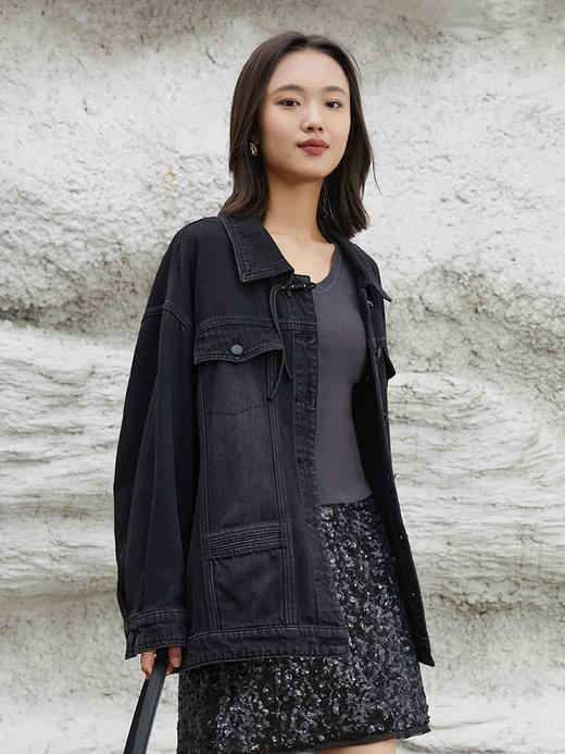 黑色复古牛仔外套女 春秋季宽松显瘦 bf 风上衣 港味休闲夹克衫 商品图0