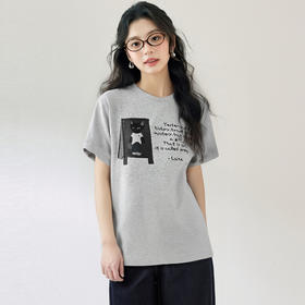 【商场同款】【萌宠系列】诗凡黎猫咪字母印花T恤2025夏新款宽松短袖3G4600621