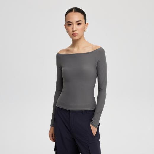 oneup裸感一字领可拆卸胸垫长袖T恤 商品图3