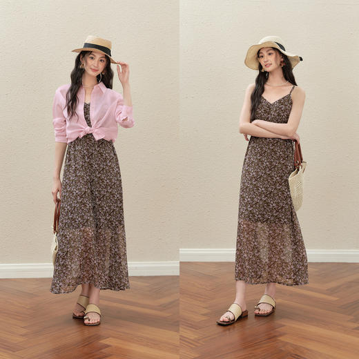 【严选】诗凡黎气质碎花吊带连衣裙2025秋新款高腰显瘦修身优雅V领薄长裙7G7390751 商品图1