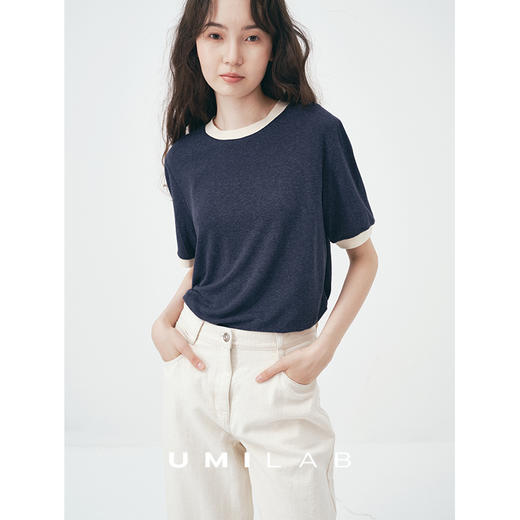 UMILAB｜舒然*高质感天丝+汉麻复古雪花肌理撞色轻薄短袖T恤T755W 商品图1