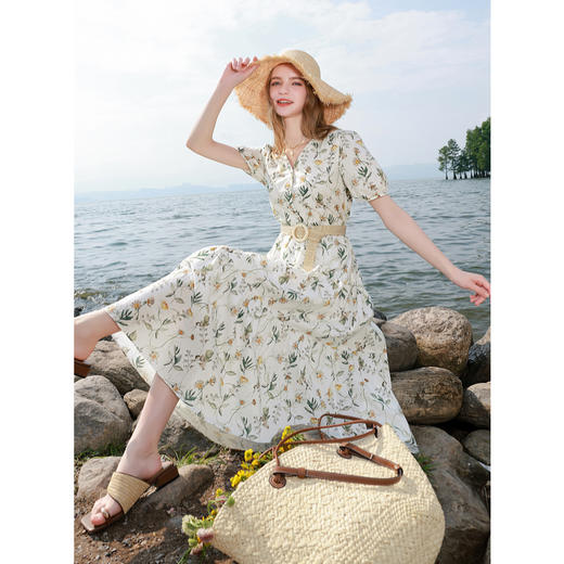 【100棉】三彩2025秋季新款碎花连衣裙V领收腰A字裙长裙M 商品图2