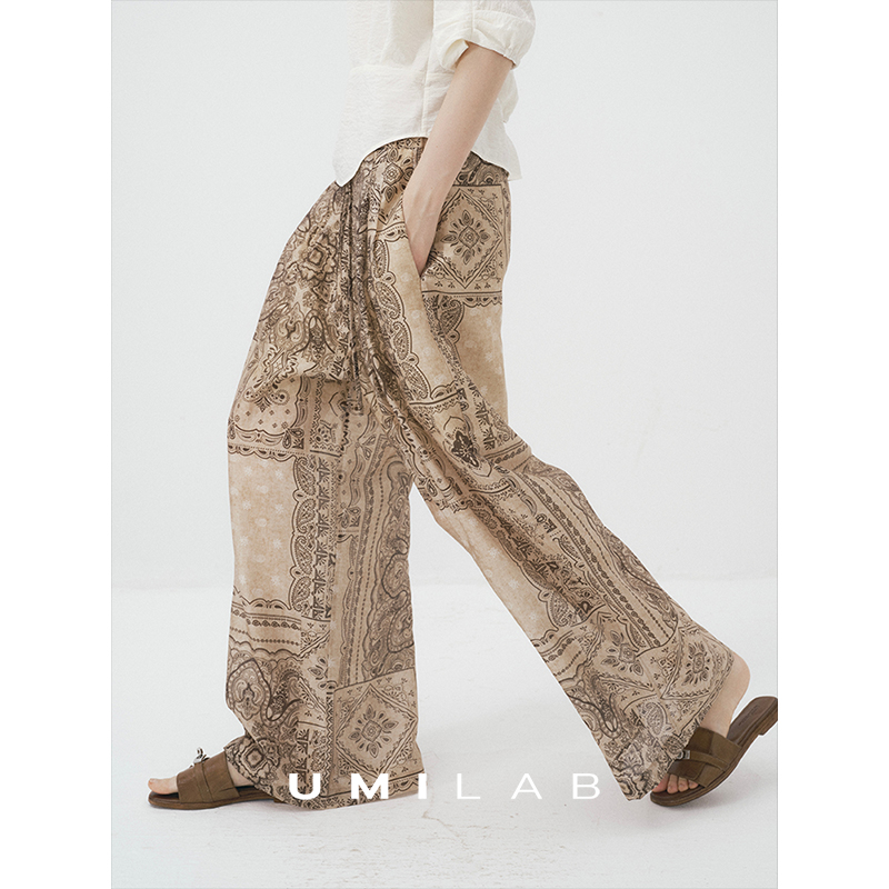 UMILAB｜浮世绘*浪漫复古天丝亚麻佩斯利印花防晒松紧腰长裤P1280