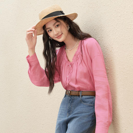 【严选】诗凡黎法式V领木耳边苎麻衬衫2025秋新款设计感复古减龄小上衣女7G7320641 商品图2