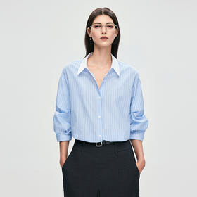 棉仓363604057-初棉25春夏捏褶短袖天空蓝条纹衬衫