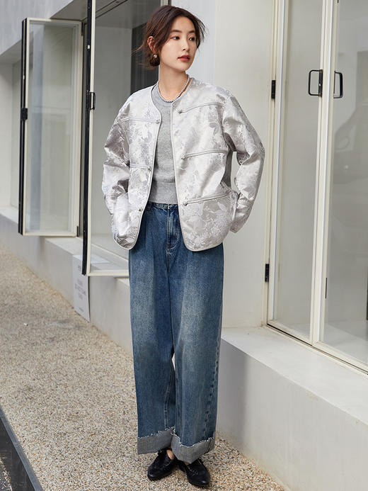新中式盘扣银灰色提花外套，解锁牛仔裤混搭新风尚 商品图1