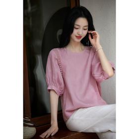 【100色织亚麻桃之夭夭】粉色灯笼袖蕾丝镂空小衫，精致古典的粉色系融入质朴自然麻料