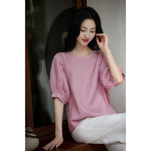 【100色织亚麻桃之夭夭】粉色灯笼袖蕾丝镂空小衫，精致古典的粉色系融入质朴自然麻料 商品图0