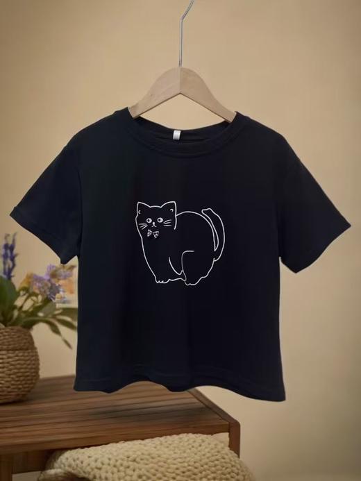 【新品特卖】8310短款宽松蝴蝶结可爱猫短袖T恤-喜出 商品图1