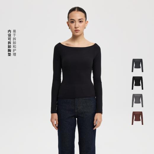 oneup裸感一字领可拆卸胸垫长袖T恤 商品图0