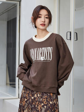 复古棕色字母印花卫衣女 春秋季宽松显瘦圆领上衣 休闲百搭套头衫