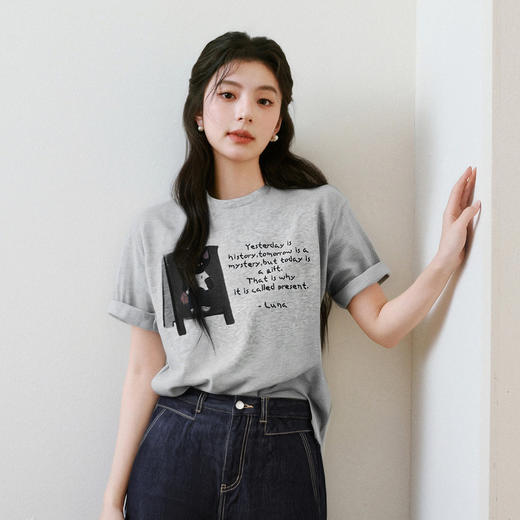 【商场同款】【萌宠系列】诗凡黎猫咪字母印花T恤2025夏新款宽松短袖3G4600621 商品图2