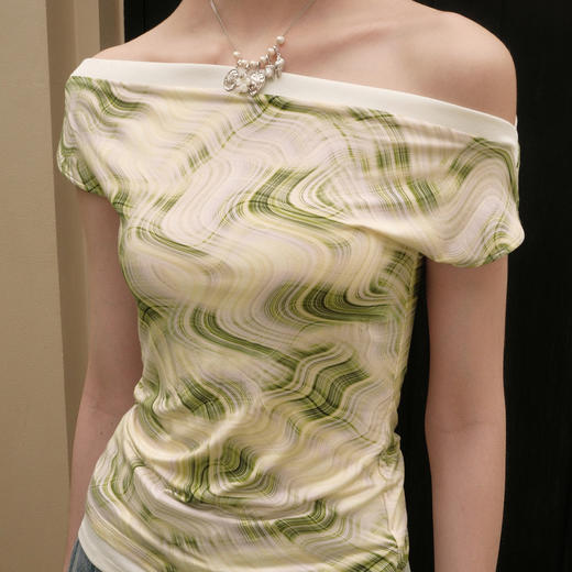 lost in echo2025夏季新款度假时尚纽扣一字肩透气短袖T恤上衣女 商品图2