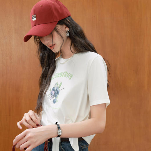 【严选】诗凡黎水果手绘印花凉感T恤2025秋新款绑带设计休闲显瘦短袖上衣7G7301211 商品图2