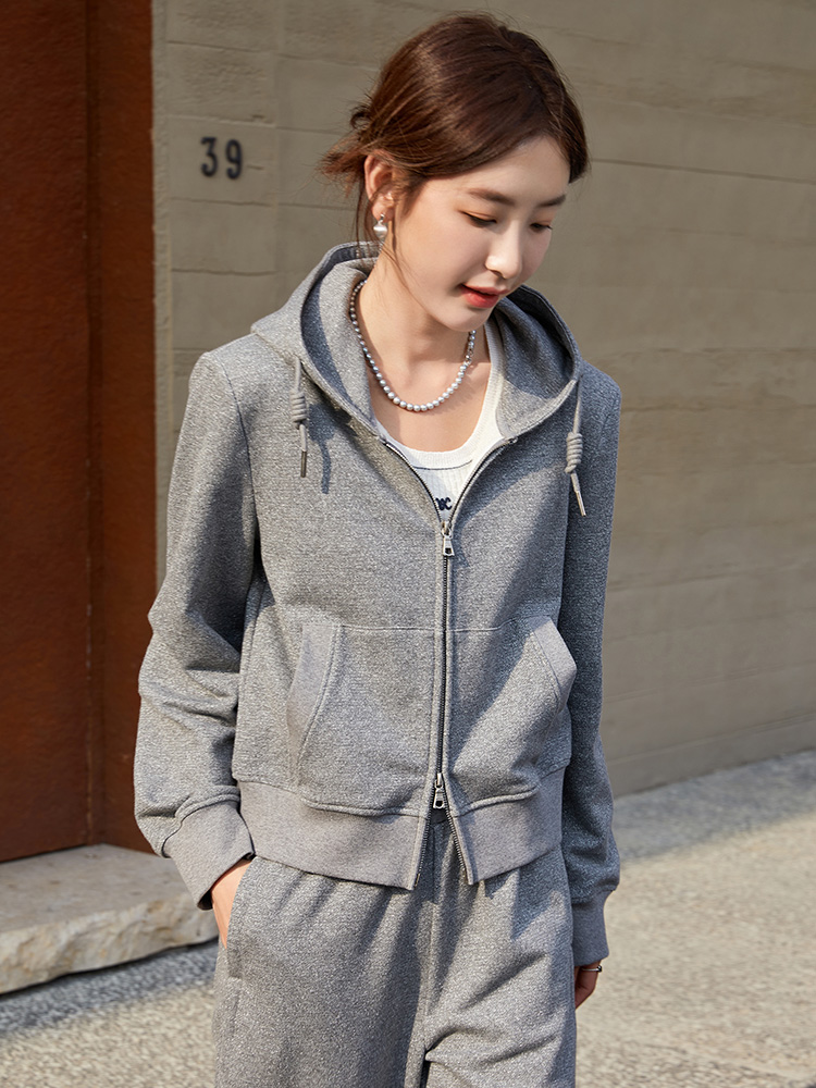 双拉链时尚显瘦气质长袖连帽宽松休闲运动女士上衣