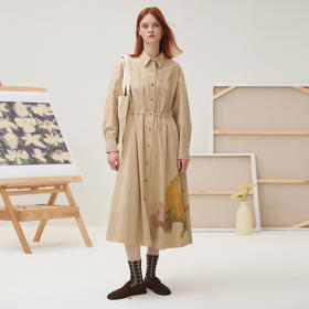 谜底连衣裙长袖女2025秋季新品100%棉挺括原创印花长裙253ML1030