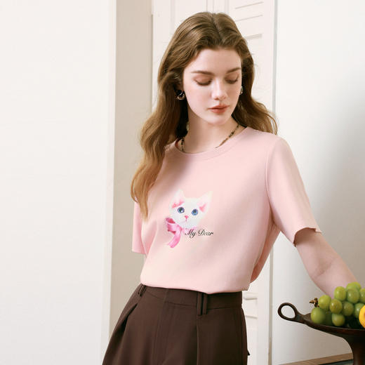 【商场同款】诗凡黎猫咪印花T恤2025夏季新款纯棉短袖女3G5100811 商品图4
