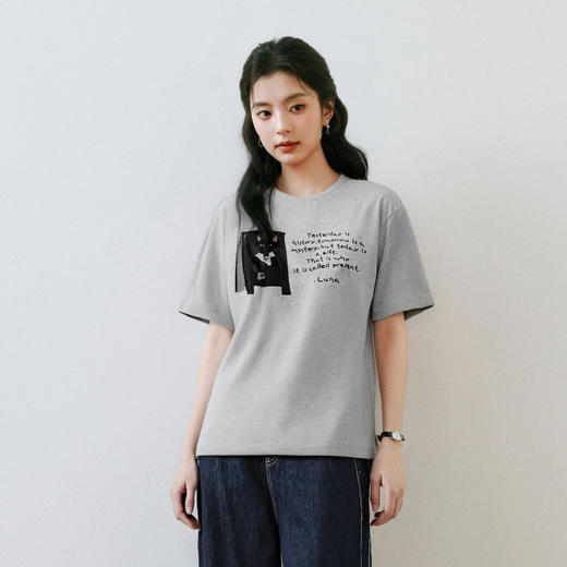 【商场同款】【萌宠系列】诗凡黎猫咪字母印花T恤2025夏新款宽松短袖3G4600621 商品图4