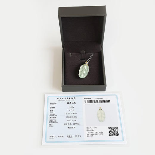 【天然正品】A货翡翠AU750收藏级白金镶钻镶天然细腻冰种金枝玉叶翡翠吊坠项链35.6*16.4*7.6MM（皆取最大值）女士现售价：10800！220325AH11 商品图1