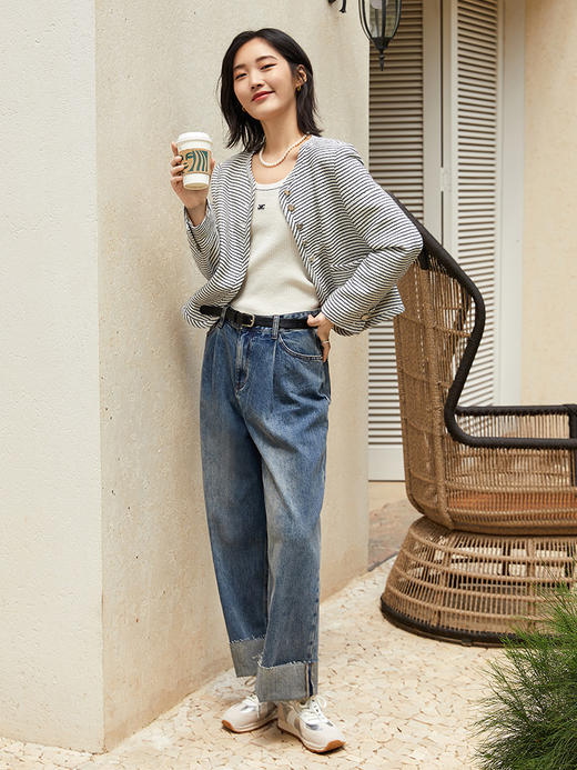 小香风条纹短外套女 圆领金属扣设计 复古时髦搭牛仔裤 商品图1