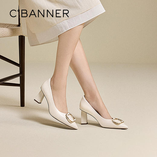 千百度羊皮裸色超高跟鞋女粗跟通勤法式尖头浅口单鞋A25457761 商品图0