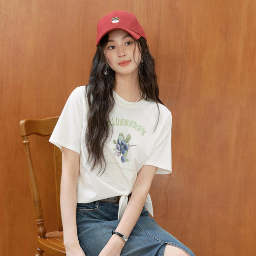 【严选】诗凡黎水果手绘印花凉感T恤2025秋新款绑带设计休闲显瘦短袖上衣7G7301211 商品图0