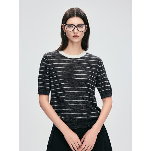 棉仓363601081-初棉春夏花纱质感条纹短袖亚麻编织T恤 商品图0