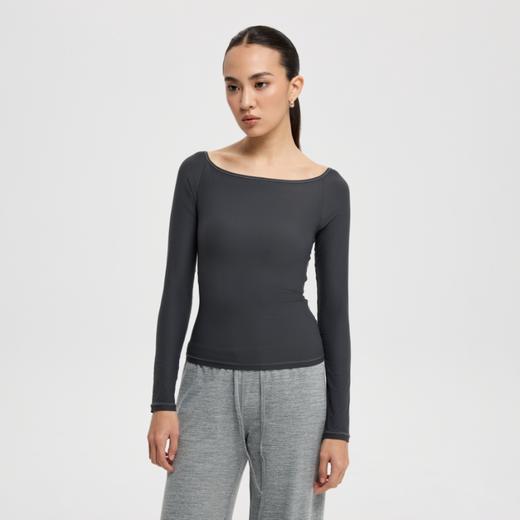 oneup裸感一字领可拆卸胸垫长袖T恤 商品图1