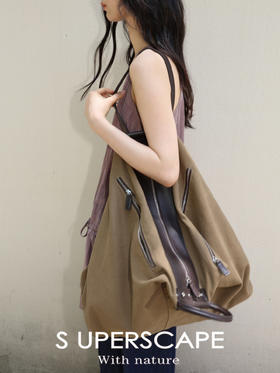 素舶 棕绿色帆布拼二层牛皮行囊通勤托特包