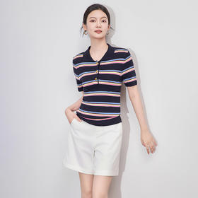 「高货wl」全新升级【铂金会员201/天猫269/差价68】(02943)洛诗琳高级感Polo领撞色条纹16针超细兰精天丝针织上衣