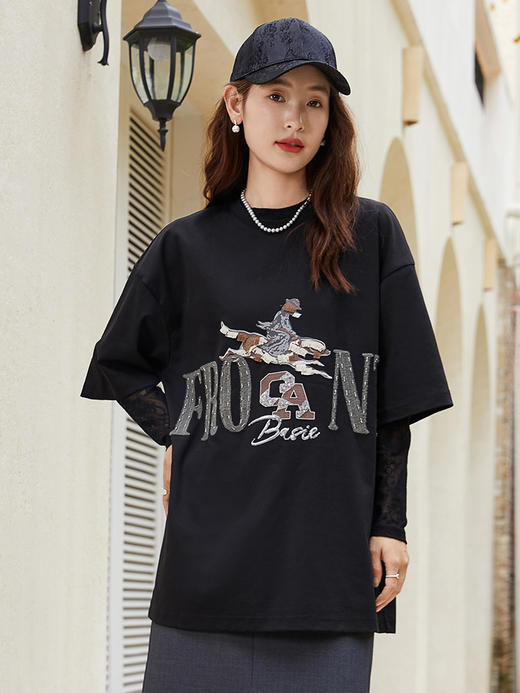 酷飒与优雅并存！黑色重工刺绣印花 T 恤，解锁时尚新态度 商品图0