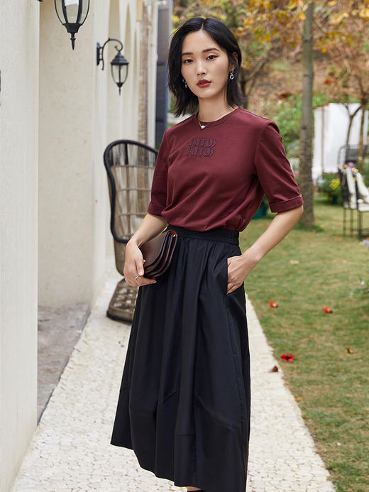 酒红色中袖上衣，解锁复古优雅气质穿搭 商品图1