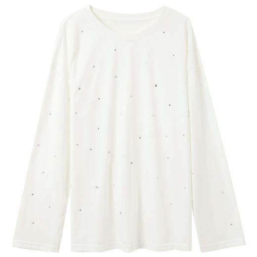 【莱赛尔】三彩2025秋季新款烫钻T恤圆领长袖宽松上衣休闲S 商品图4