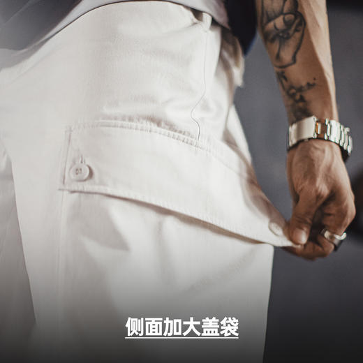 马登工装轻美式大口袋休闲裤纯棉白色直筒松紧腰薄款长裤子男夏秋 商品图2