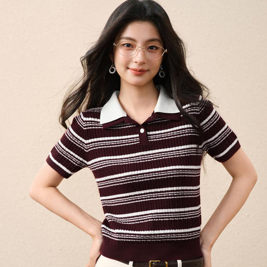【严选】诗凡黎条纹撞色双层polo领针织衫2025秋新款时尚百搭修身短袖上衣7G7130981 商品图0
