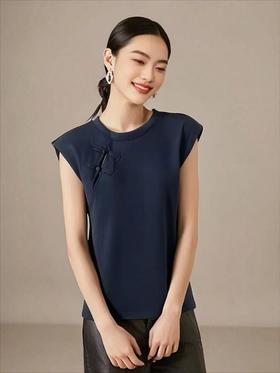 【新品特卖】藏青国风盘扣无袖垫肩短袖T恤-喜出