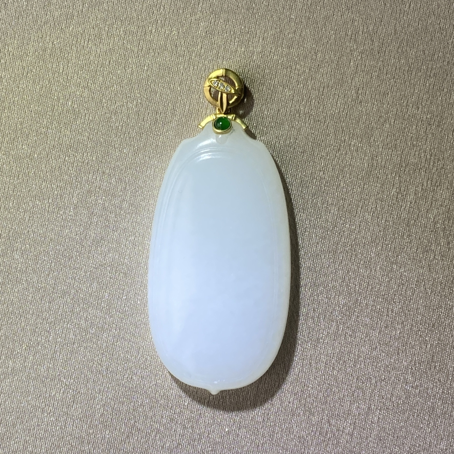 18K古法黄金和田玉（白玉）镶钻吊坠--无事牌/单面方牌24*45mm/配镶钻石、翡翠