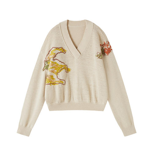 谜底套头针织衫女2025秋季新品复古文艺百搭V领绣花毛衣253MZ1348 商品图4
