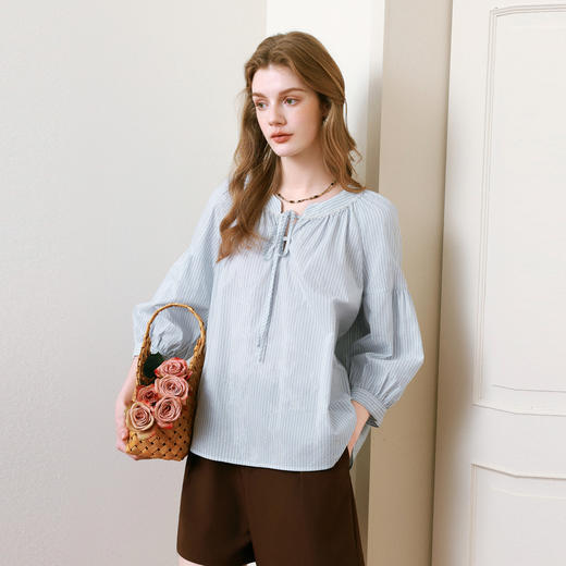 【商场同款】诗凡黎条纹系带衬衫2025夏新款花边领上衣3G4320131 商品图0