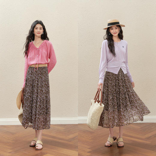 【严选】诗凡黎气质碎花波嬉半身裙2025秋新款高腰垂感浪漫飘逸A字中长裙7G7340531 商品图1