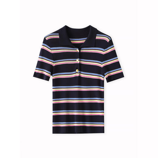 「高货wl」全新升级【铂金会员201/天猫269/差价68】(02943)洛诗琳高级感Polo领撞色条纹16针超细兰精天丝针织上衣 商品图4