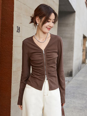 拉链 V 领褶皱修身显瘦棕色长袖上衣