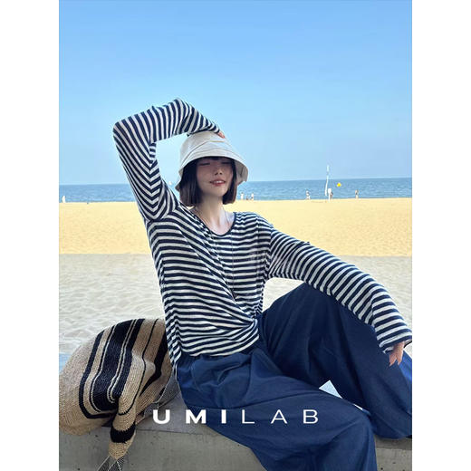 UMILAB｜星轨*夏季刚需row风长绒棉轻薄宽松防晒长袖条纹T恤T756M 商品图1