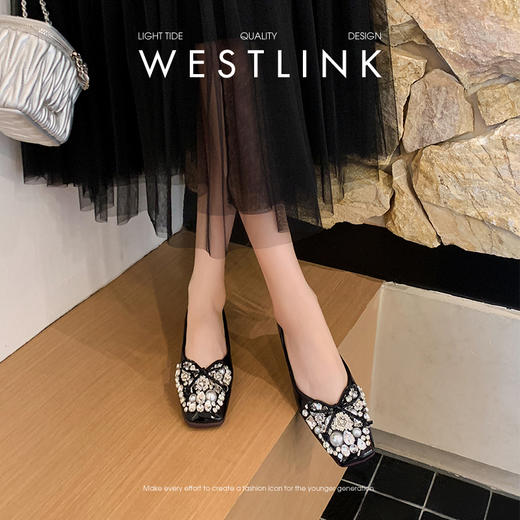 西遇水钻浅口单鞋女新款秋季绝美蝴蝶结瓢鞋软底银色平底鞋V1456901 商品图3