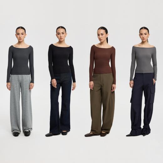 oneup裸感一字领可拆卸胸垫长袖T恤 商品图4