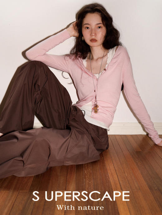 素舶 100澳洲极细美丽诺羊毛四季可穿V领领口抽皱修身针织开衫 商品图0