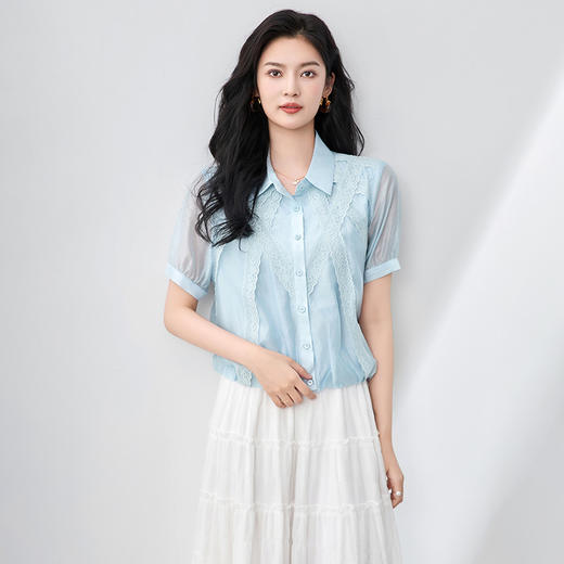 「高货wl」全新升级【铂金会员257/天猫339/差价82】(01730)洛诗琳2025夏季法式优雅精纺新疆棉花边蕾丝泡泡袖衬衫女 商品图0